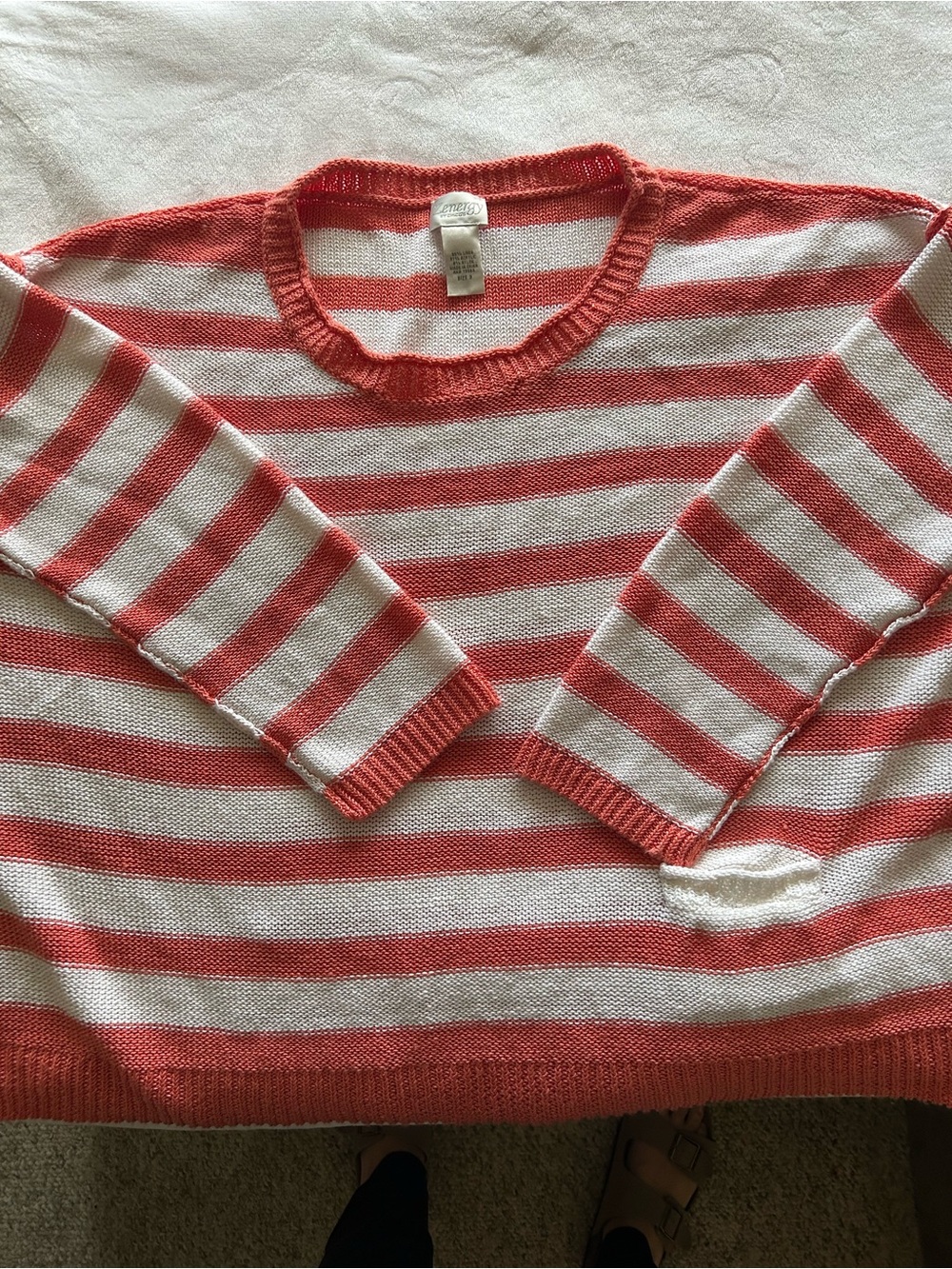 Zenergy by Chicos Striped Coral and White Crewneck Sweater sz 3